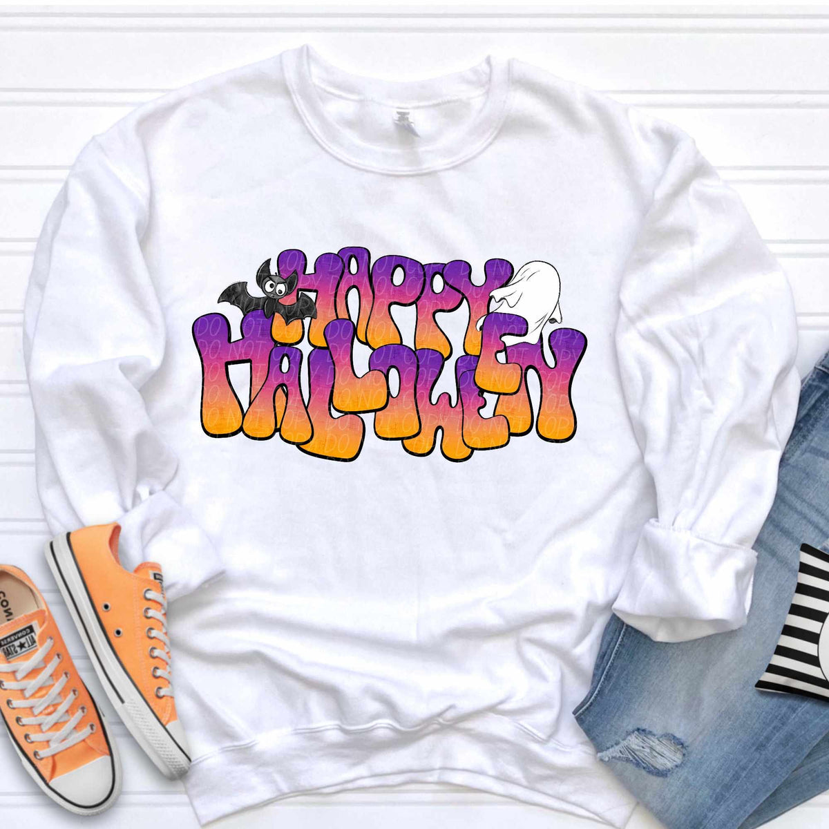 Happy Halloween purple orange ombre bat and ghost (CITY) 37118 DTF transfer