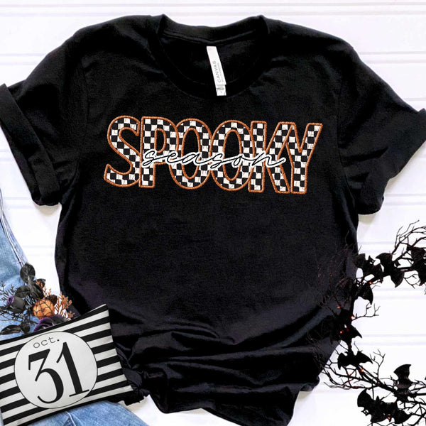 Spooky season checkered with BROWN embroidered outline (CITY) 37124 DTF transfer