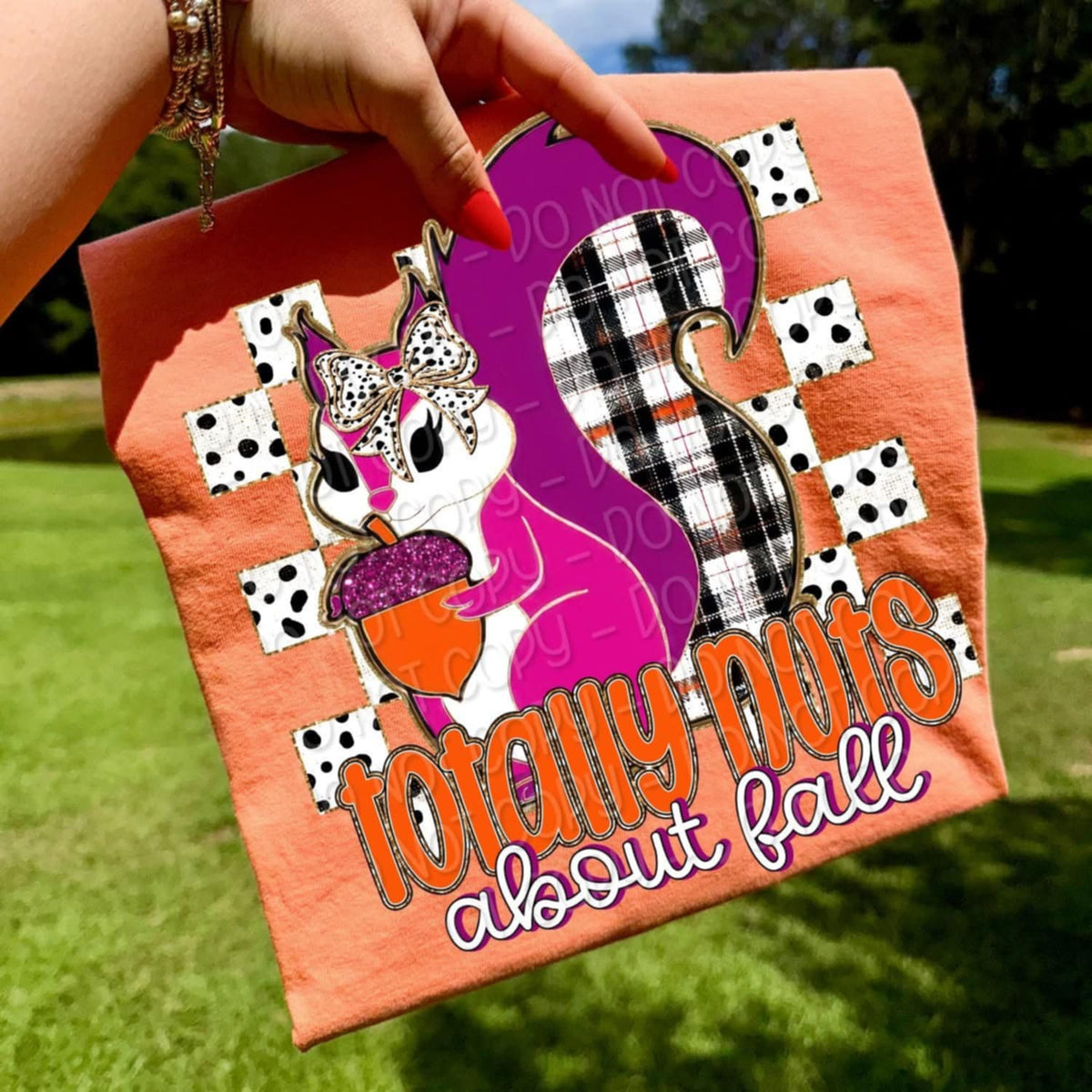 Totally Nuts About Fall Squirrel polka dot checker 113126 DTF transfer