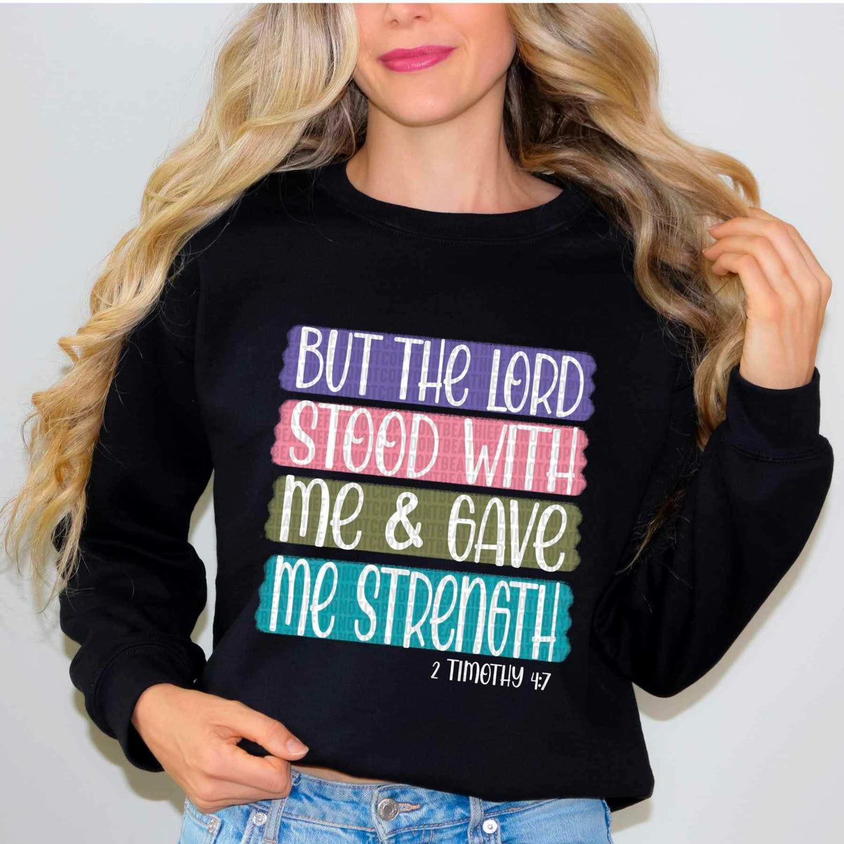 But the lord stood with me & gave me strenght colorful block background 17569 DTF TRANSFER