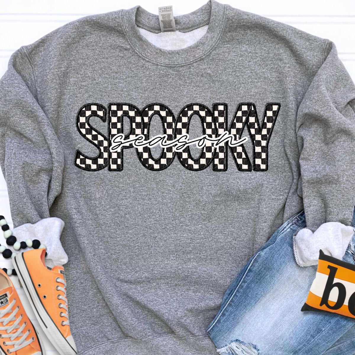 Spooky season checkered with BLACK embroidered outline (CITY) 37125 DTF transfer