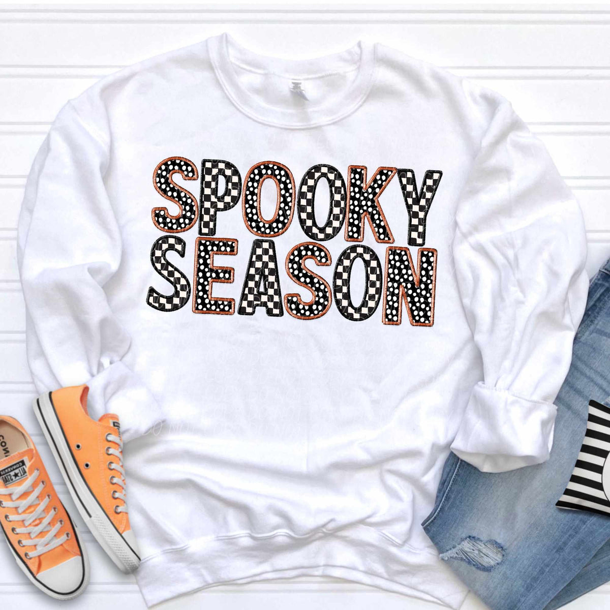 Spooky season STACKED dots and checkered with black and brown embroidered outline (CITY) 37129 DTF transfer