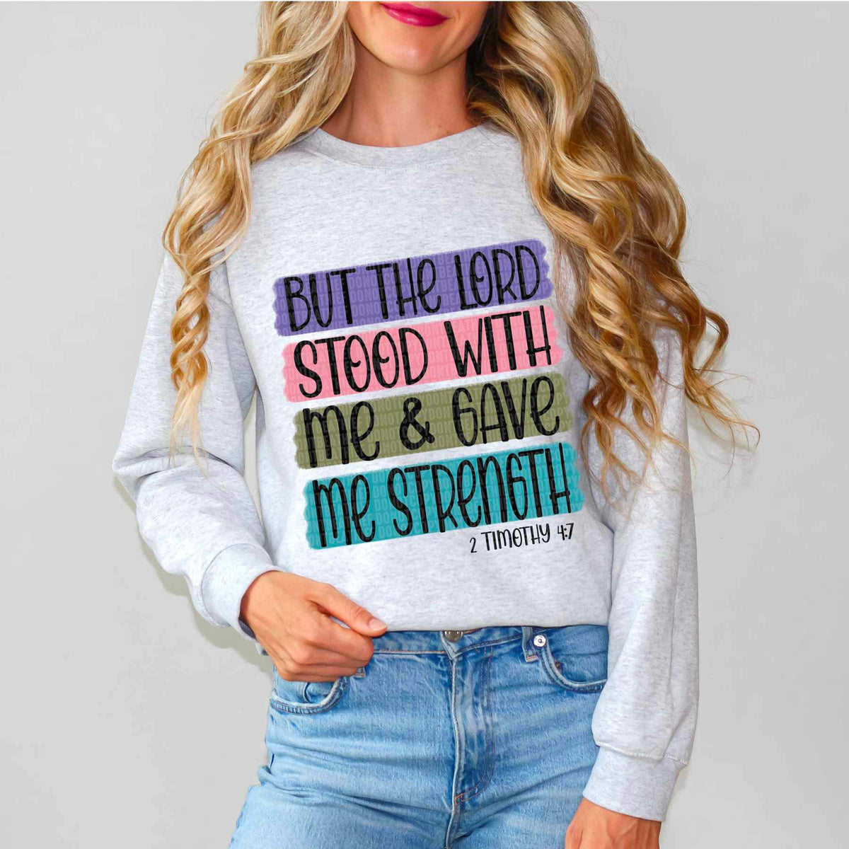 But the lord stood with me & gave me strenght colorful block background 17569 DTF TRANSFER