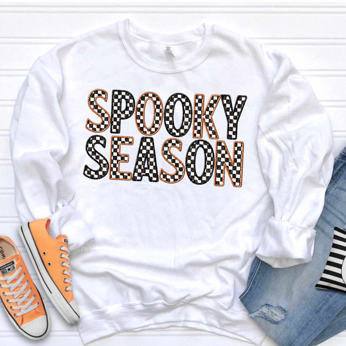 Spooky season STACKED checkered with black and brown embroidered outline (CITY) 37128 DTF transfer
