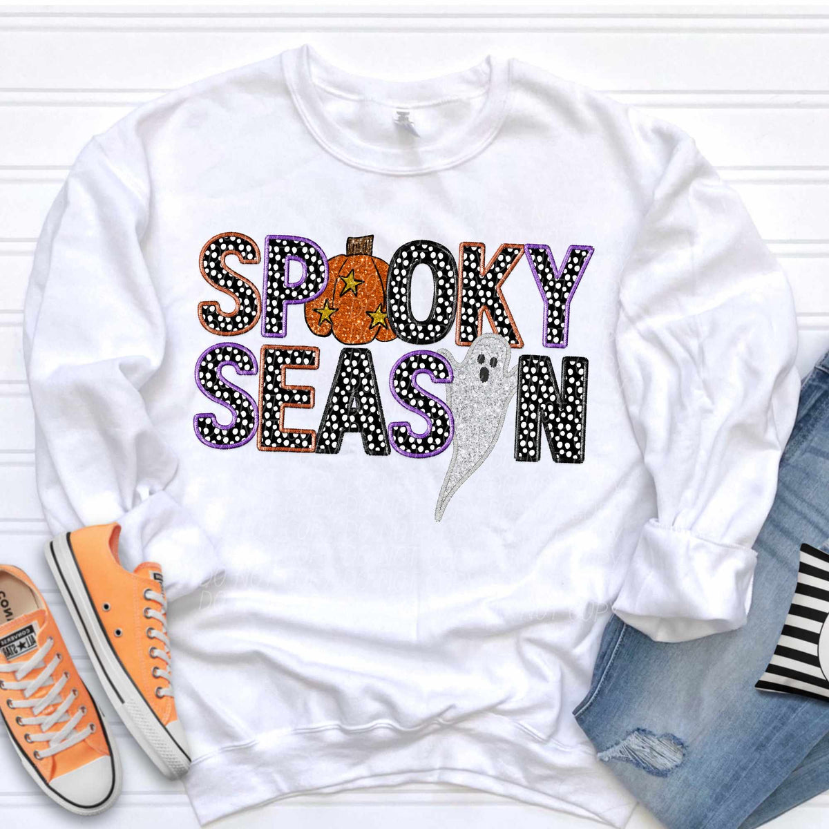Spooky season checkered with black PURPLE and brown embroidered outline ghost and pumpkin (CITY) 37131 DTF transfer