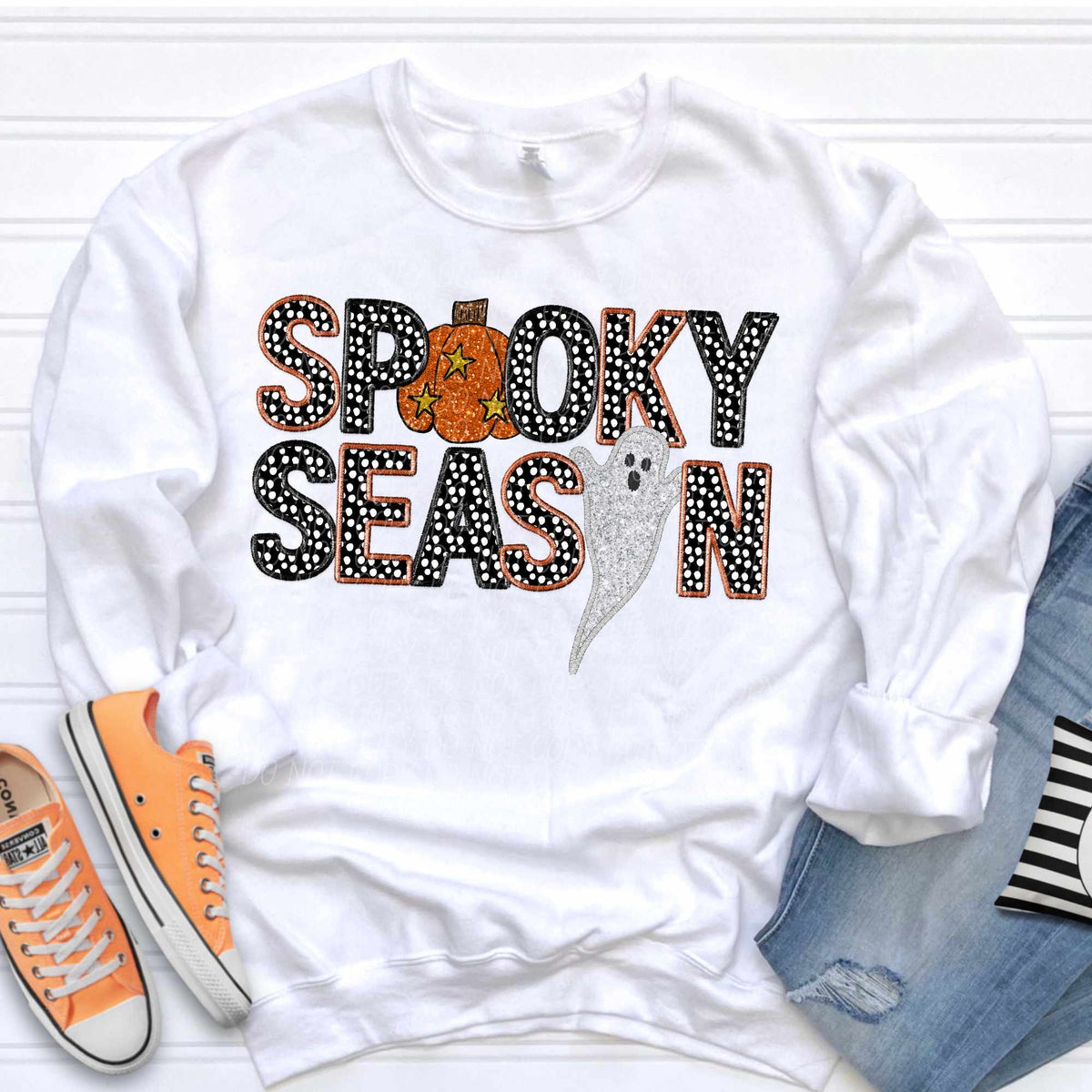 Spooky season checkered with black and brown embroidered outline ghost and pumpkin (CITY) 37130 DTF transfer