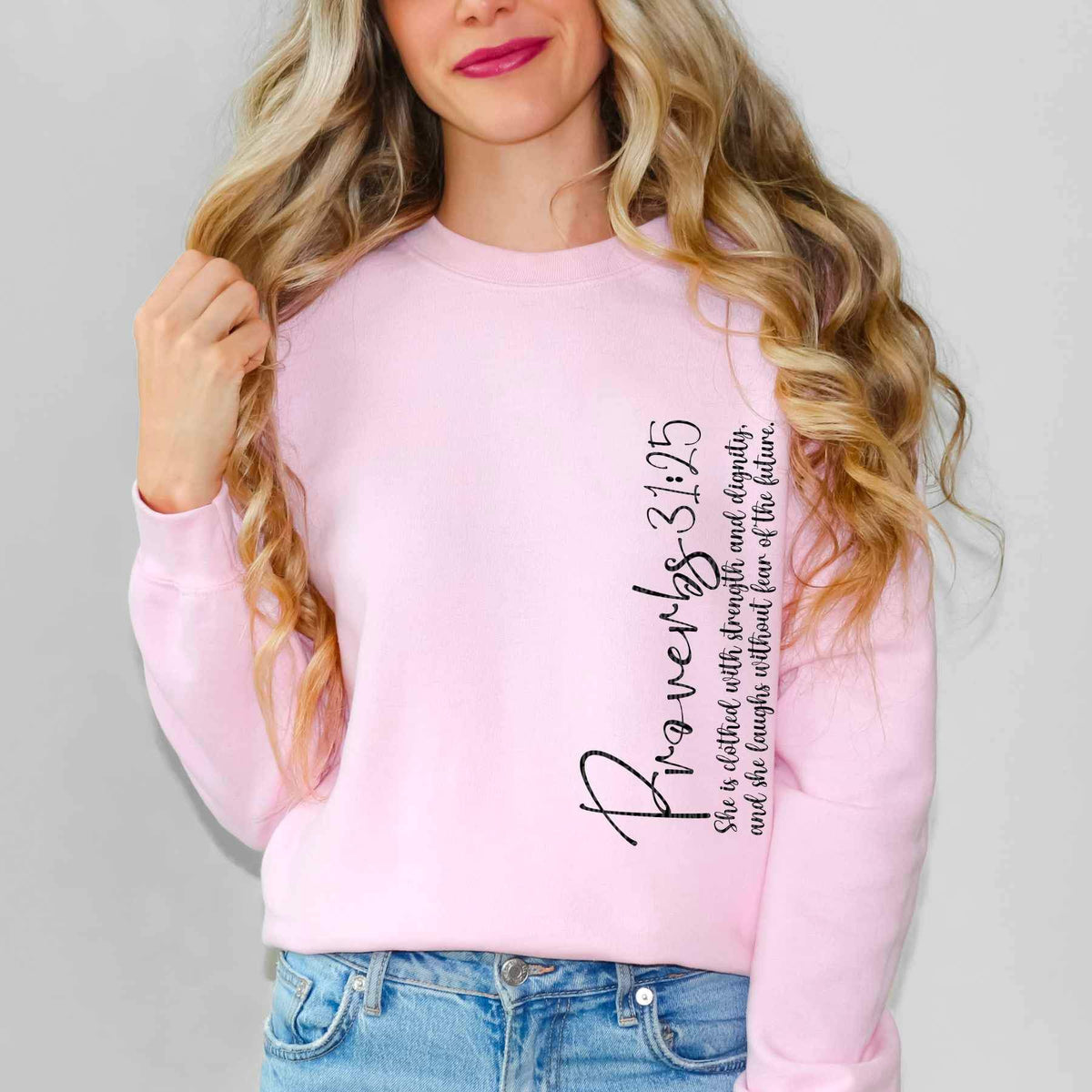 Proverbs 31:25 she is clothed with dignity and strength and she laughs without fear of the future BLACK 17563 DTF TRANSFER s