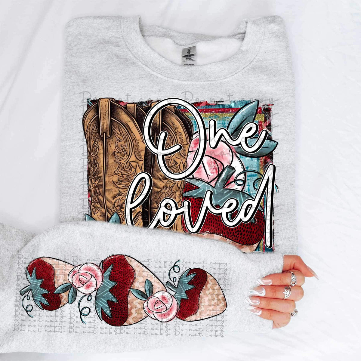 One loved cowgirl boots chocolate strawberries and roses FRONT 17682 DTF TRANSFER