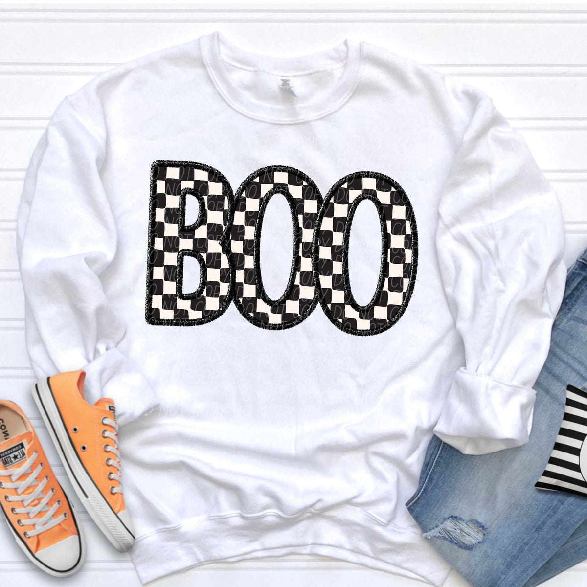 Boo checkered with black embroidered outline (CITY) 37141 DTF transfer