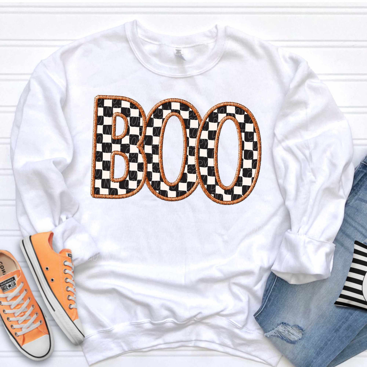 Boo checkered with orange embroidered outline (CITY) 37136 DTF transfer