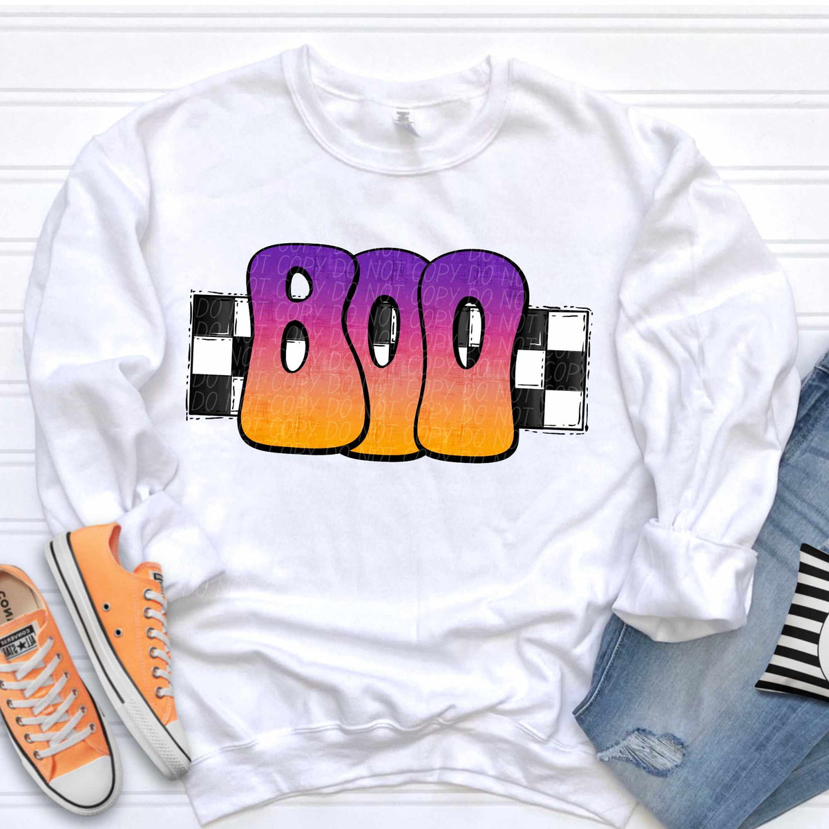 Boo purple orange ombre font checkered background (CITY) 37134 DTF transfer