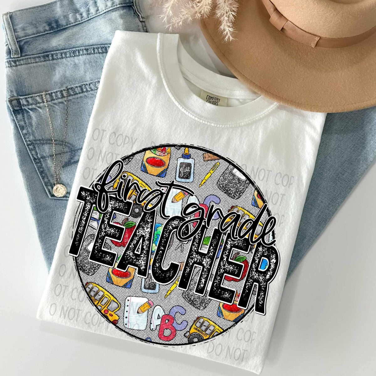 First grade teacher circle with school items 27149 DTF transfer