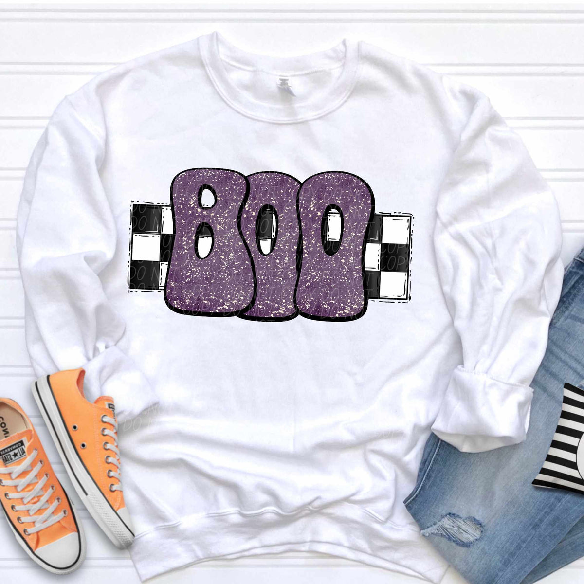 Boo purple grunge font checkered background (CITY) 37132 DTF transfer