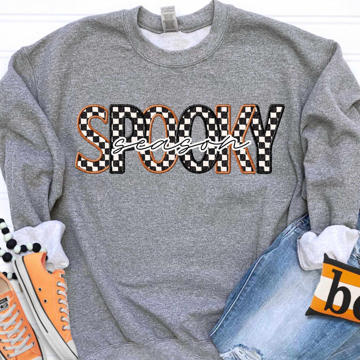 Spooky season checkered with brown and black embroidered outline (CITY) 37123 DTF transfer