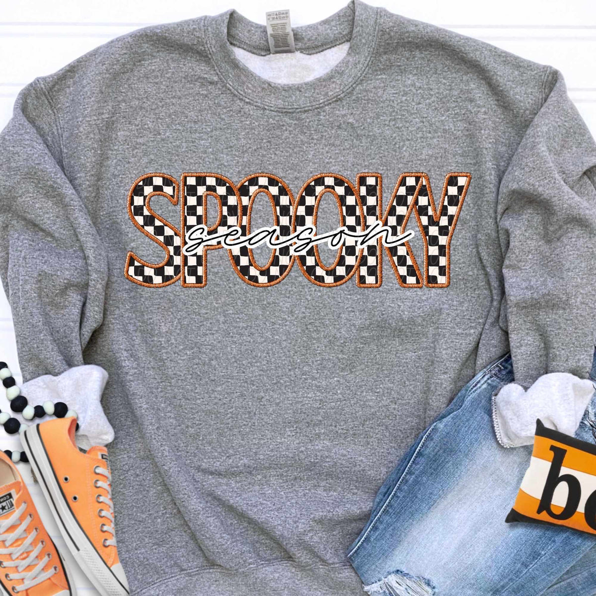 Spooky season checkered with BROWN embroidered outline (CITY) 37124 DTF transfer