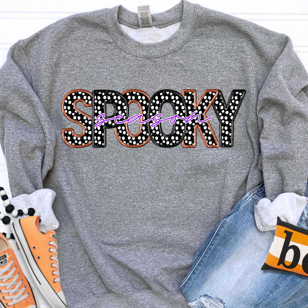 Spooky season checkered with black and brown embroidered outline PURPLE FONT (CITY) 37127 DTF transfer