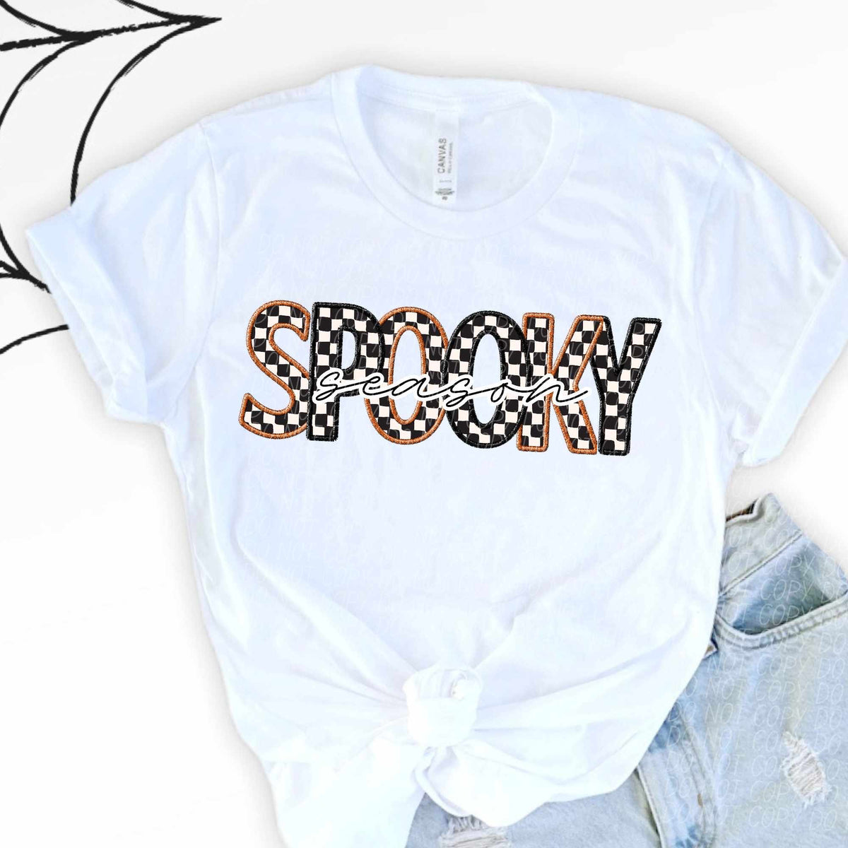 Spooky season checkered with brown and black embroidered outline (CITY) 37123 DTF transfer