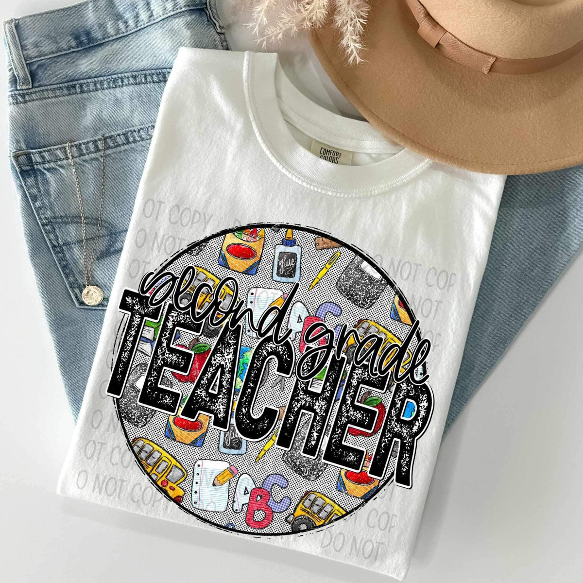 Second grade teacher circle with school items 27136 DTF transfer