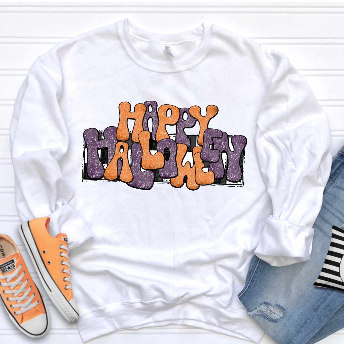 Happy Halloween black and orange checkered background (CITY) 37121 DTF transfer