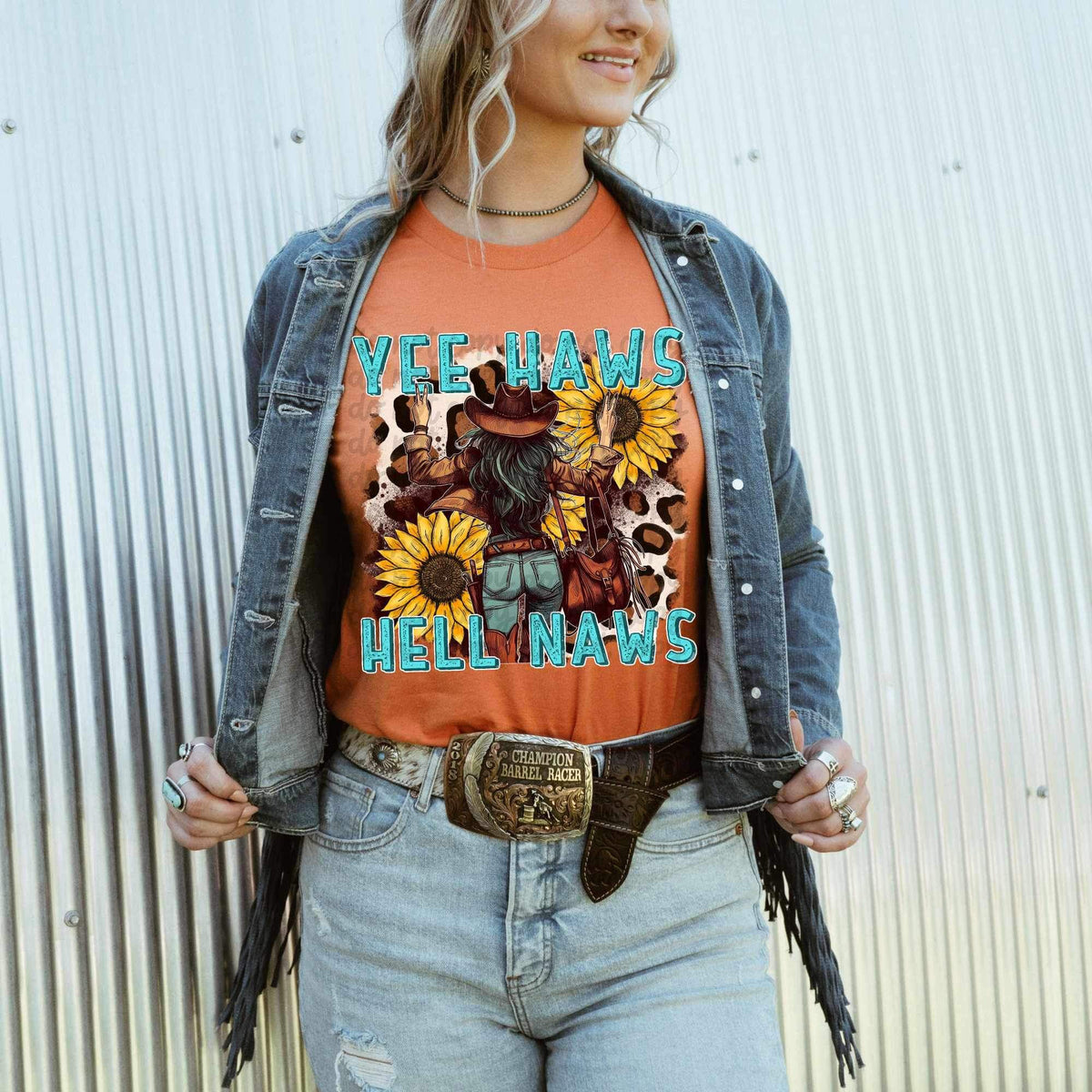 Yee haw hell naws cowgirl, sunflowers, leopard background 17607 DTF TRANSFER