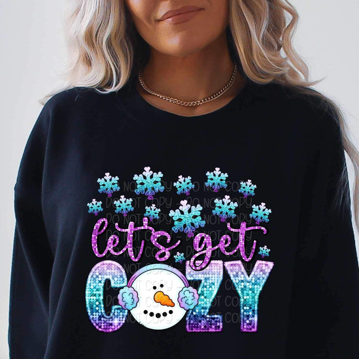 Lets get cozy purple and blue sequin with snowman 17587 DTF TRANSFER