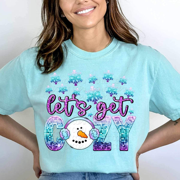 Lets get cozy purple and blue sequin with snowman 17587 DTF TRANSFER