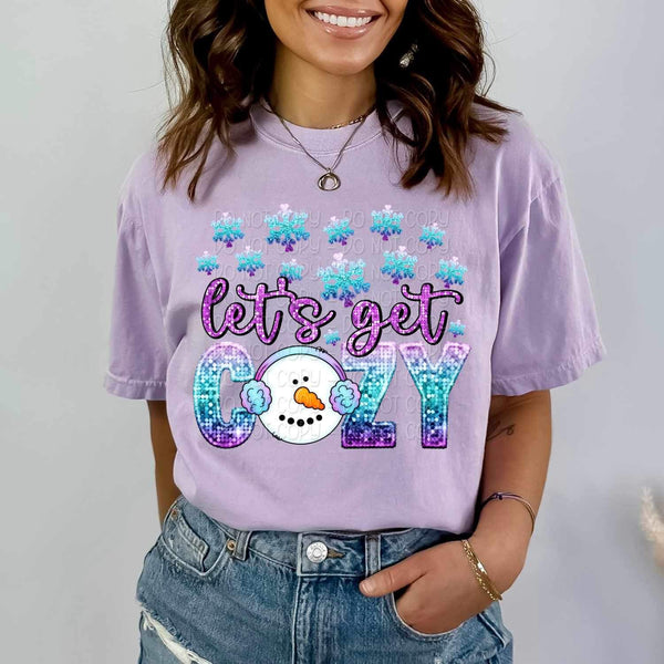 Lets get cozy purple and blue sequin with snowman 17587 DTF TRANSFER