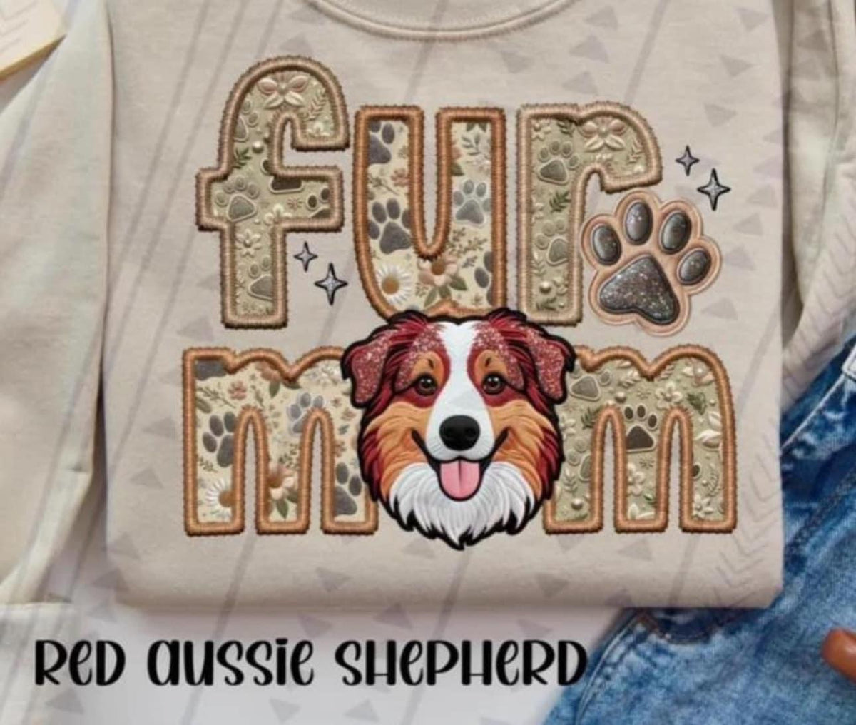 Red Australian Shepherd Fur Mom Faux Embroidery DTF transfer 13766