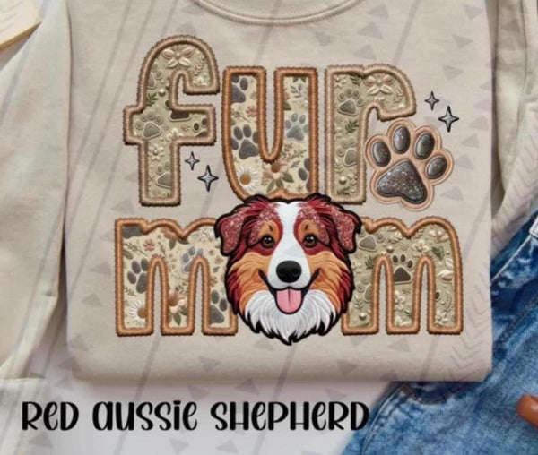 Red Australian Shepherd Fur Mom Faux Embroidery DTF transfer 13766