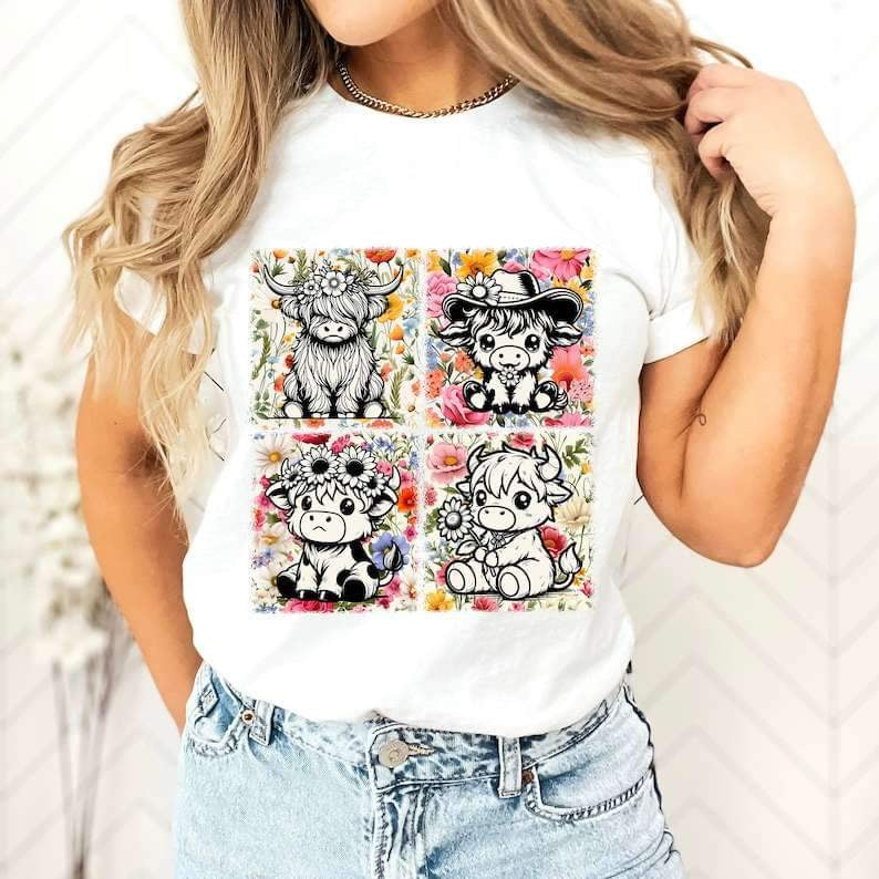 Floral blocks with baby shaggy cows 27287 DTF transfer