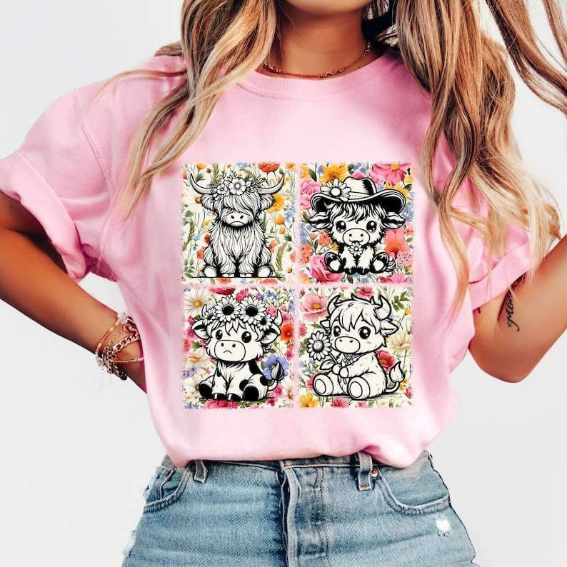 Floral blocks with baby shaggy cows 27287 DTF transfer