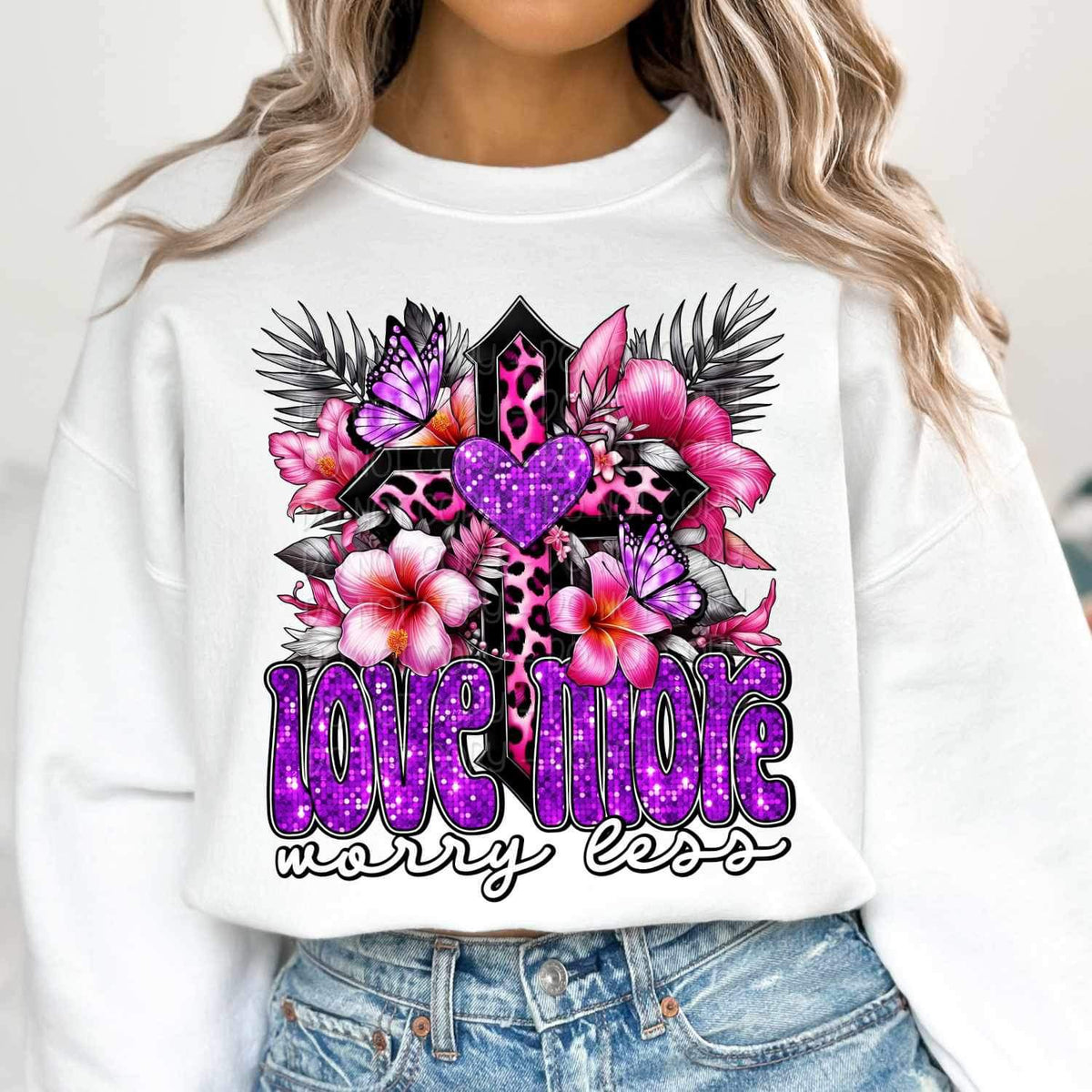 Love more worry less pink leopard cross 17714 DTF TRANSFER