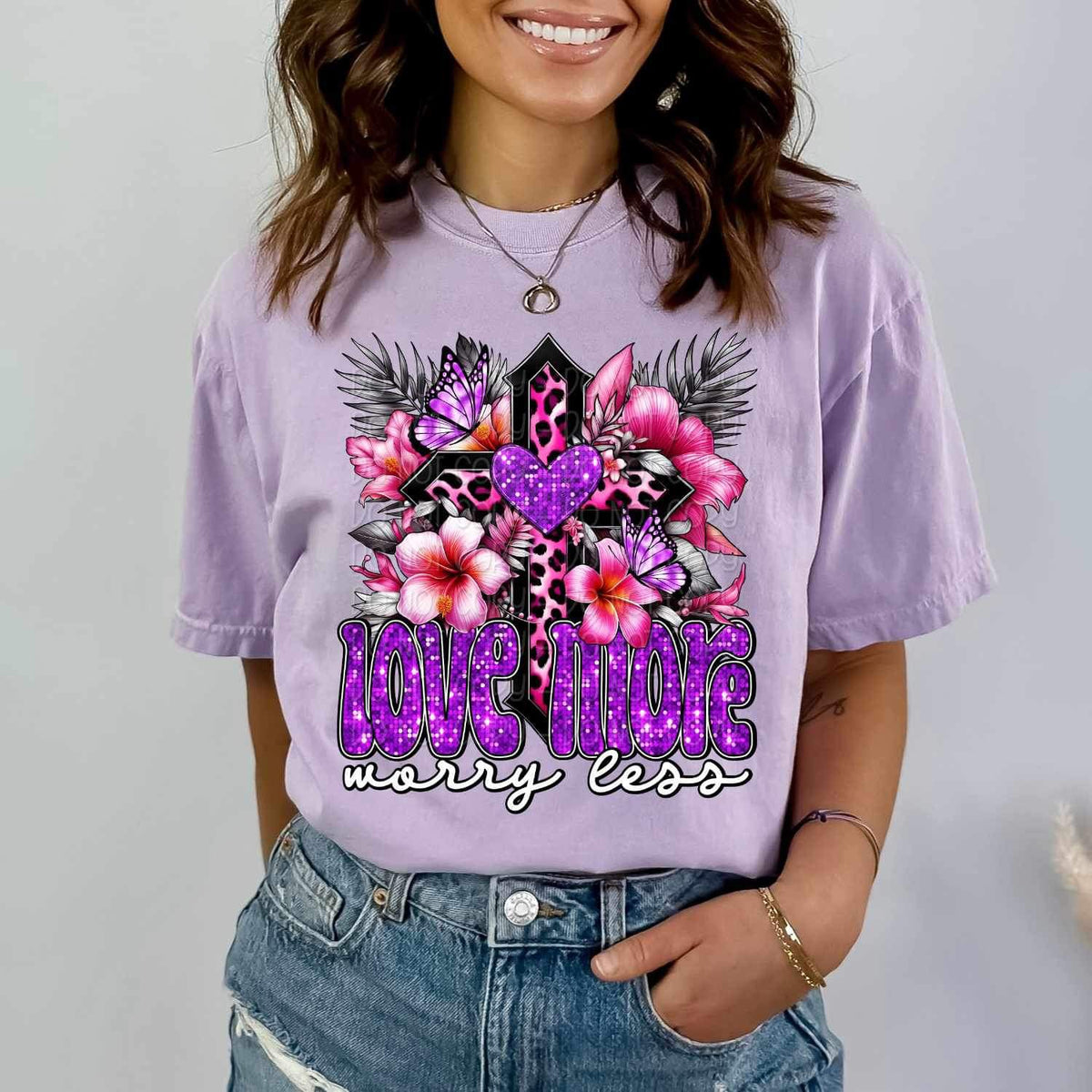 Love more worry less pink leopard cross 17714 DTF TRANSFER