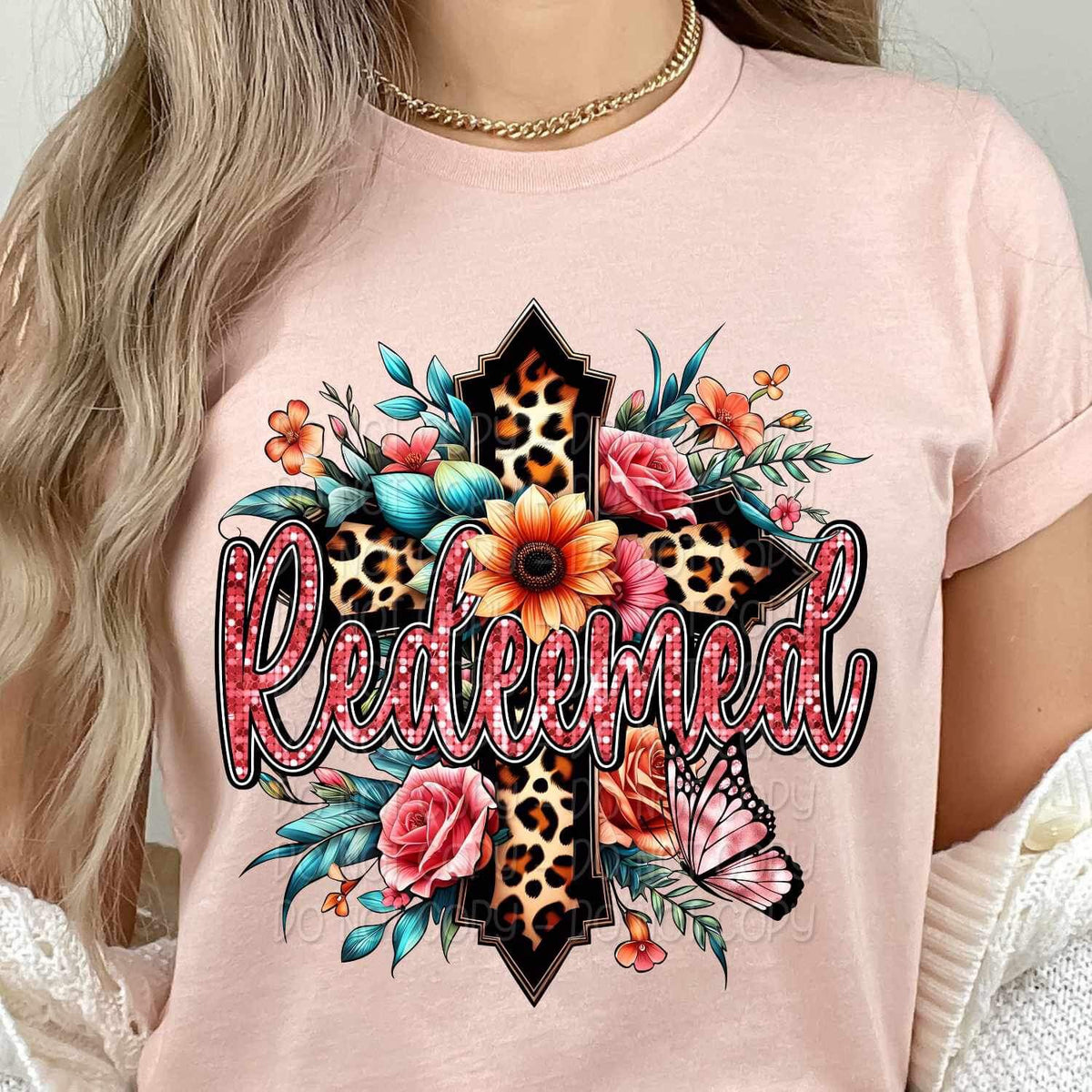 Redeemed leopard cross and florals 17732 DTF TRANSFER