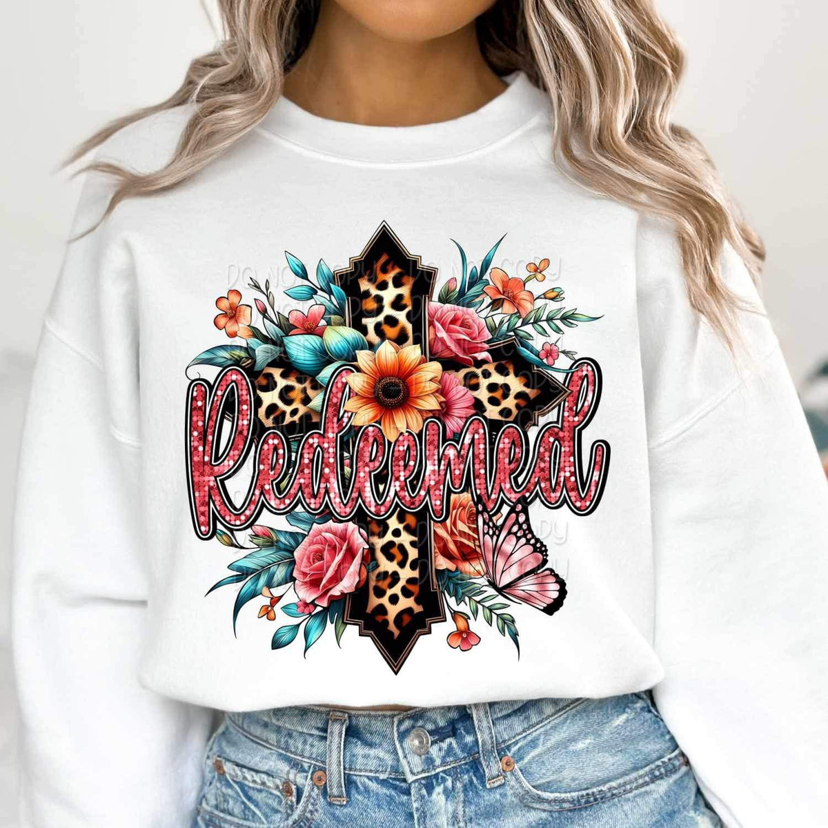 Redeemed leopard cross and florals 17732 DTF TRANSFER