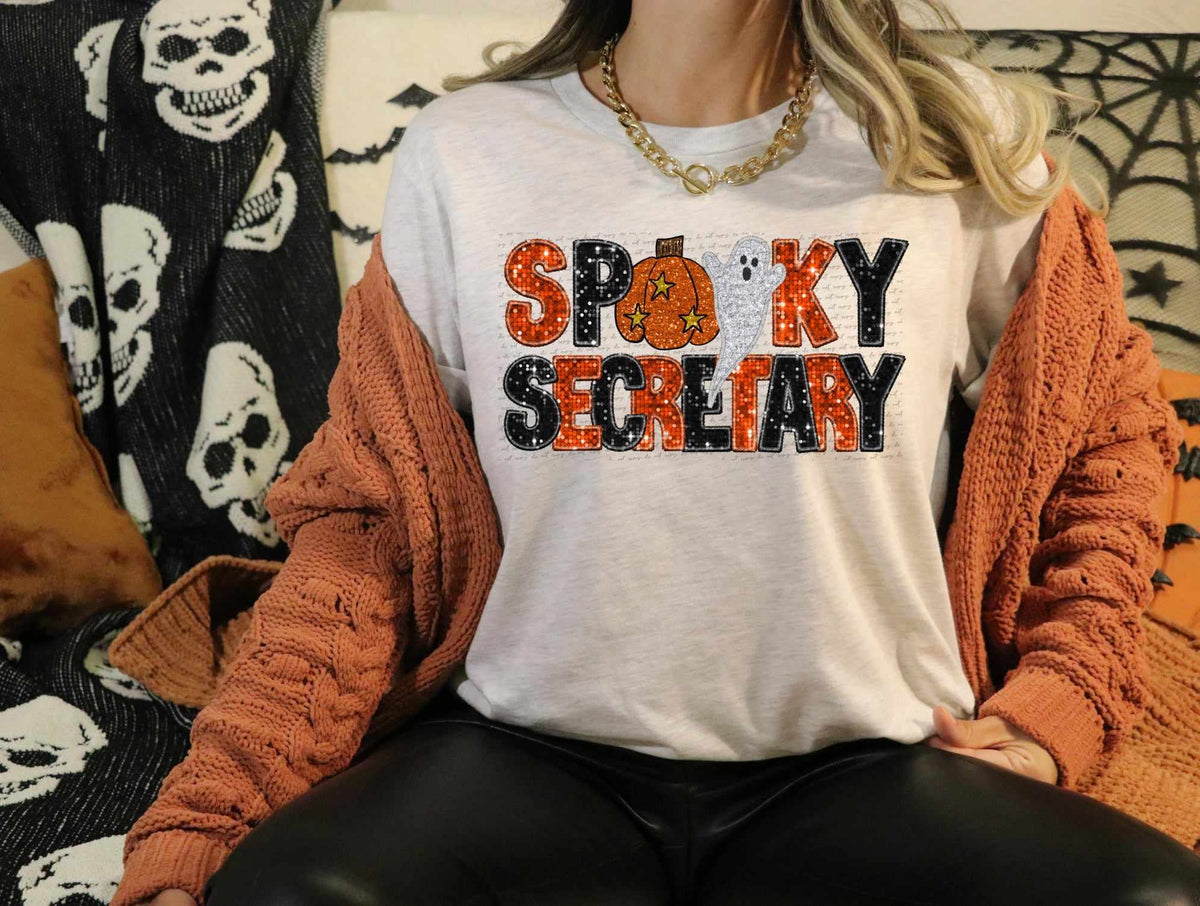 Spooky secretary orange and black with pumpkin and ghost (CITY) 37486 DTF transfer