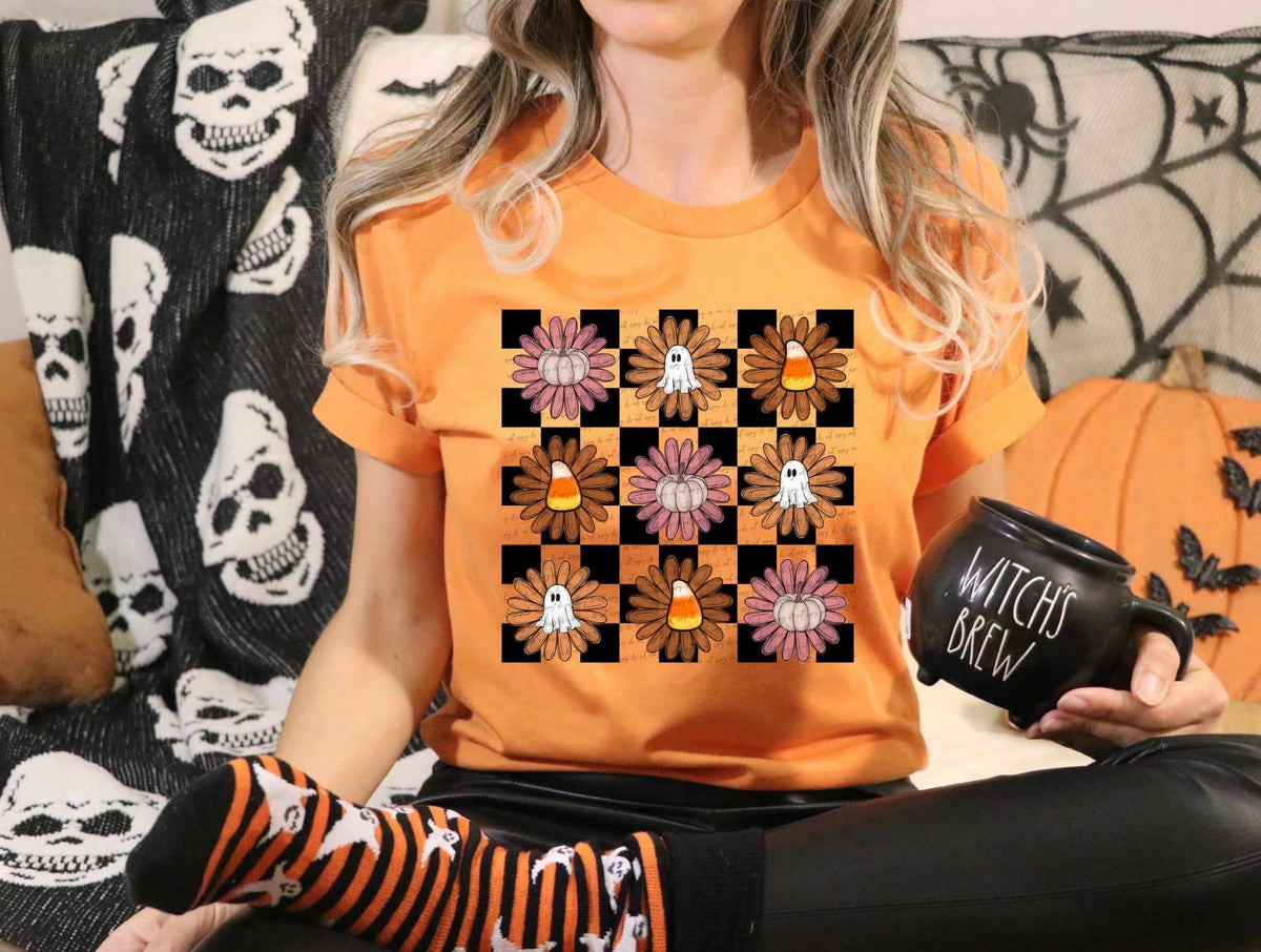 Flowers with pumpkin, ghost, candy centers CHECKERED BACKGROUND (CITY) 37528 DTF transfer