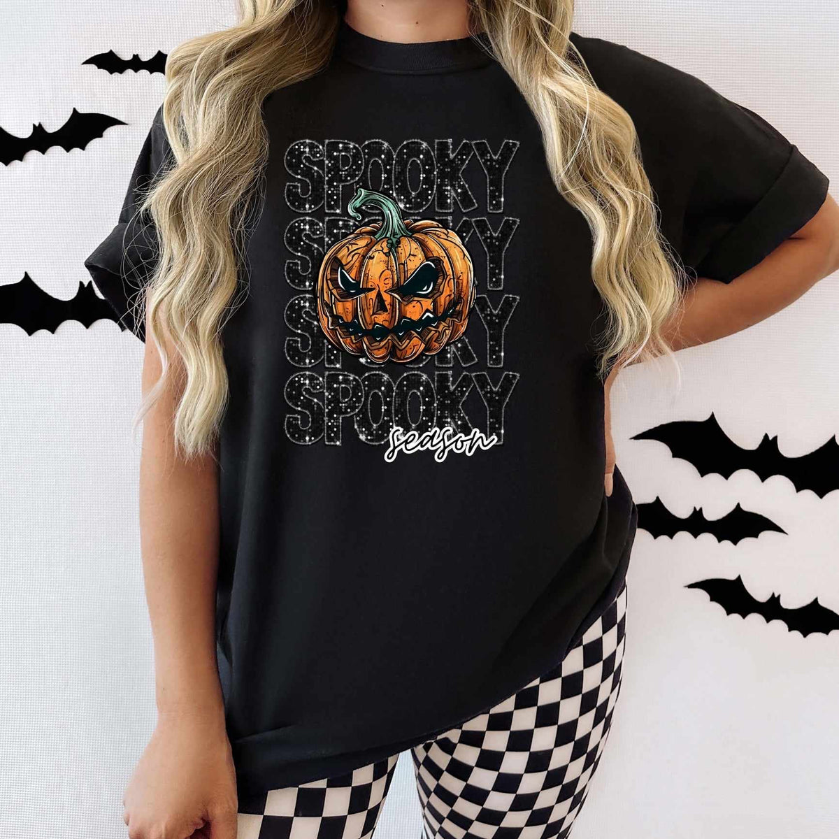 Spooky season stacked sequin with jack o lantern (CITY) 37497 DTF transfer