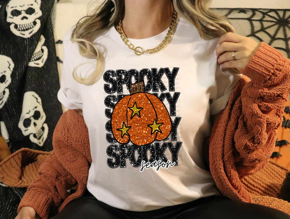 Spooky season stacked sequin with orange pumpkin (CITY) 37493 DTF transfer