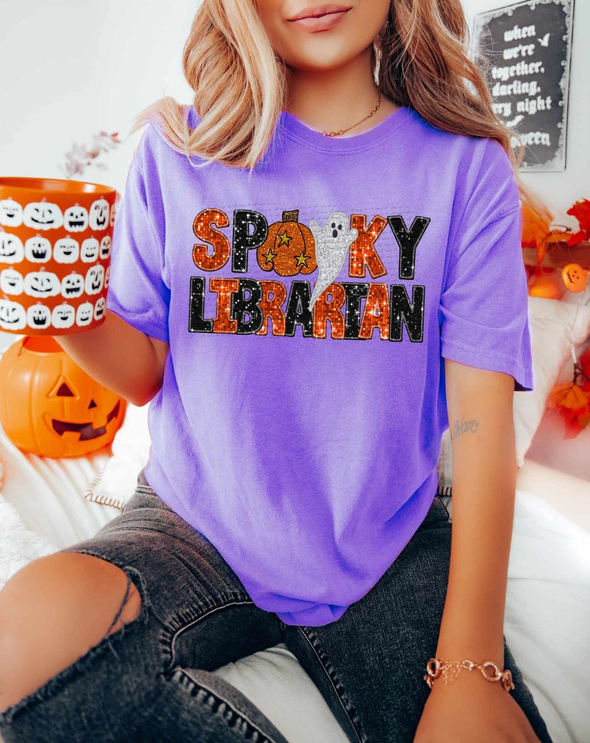 Spooky librarian orange and black with pumpkin and ghost (CITY) 37484 DTF transfer