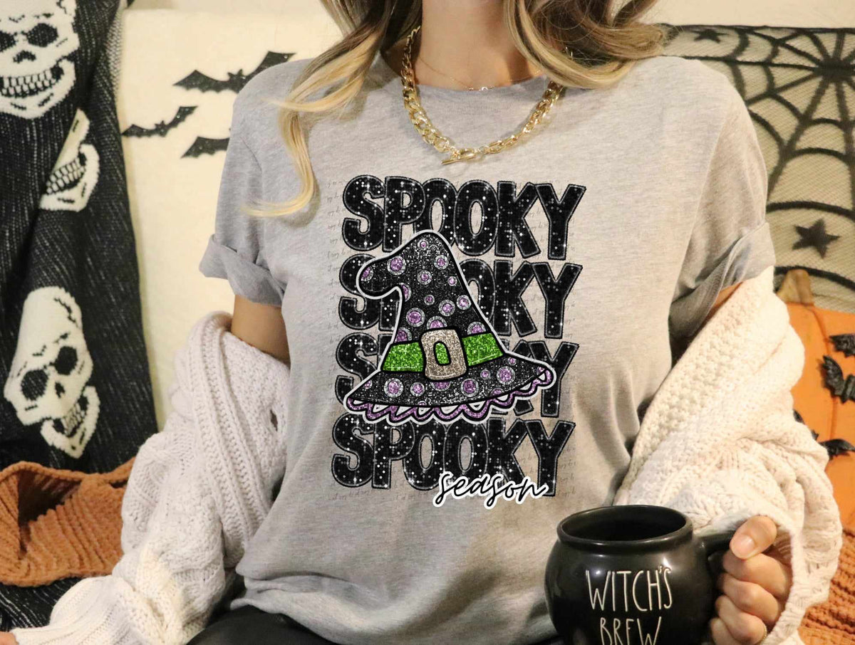 Spooky season stacked sequin with black witch hat (CITY) 37495 DTF transfer
