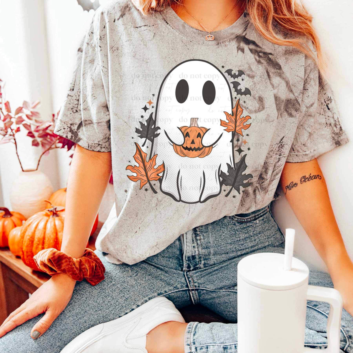 ghost with pumpkin and leaves (CSC) 27355 DTF transfer