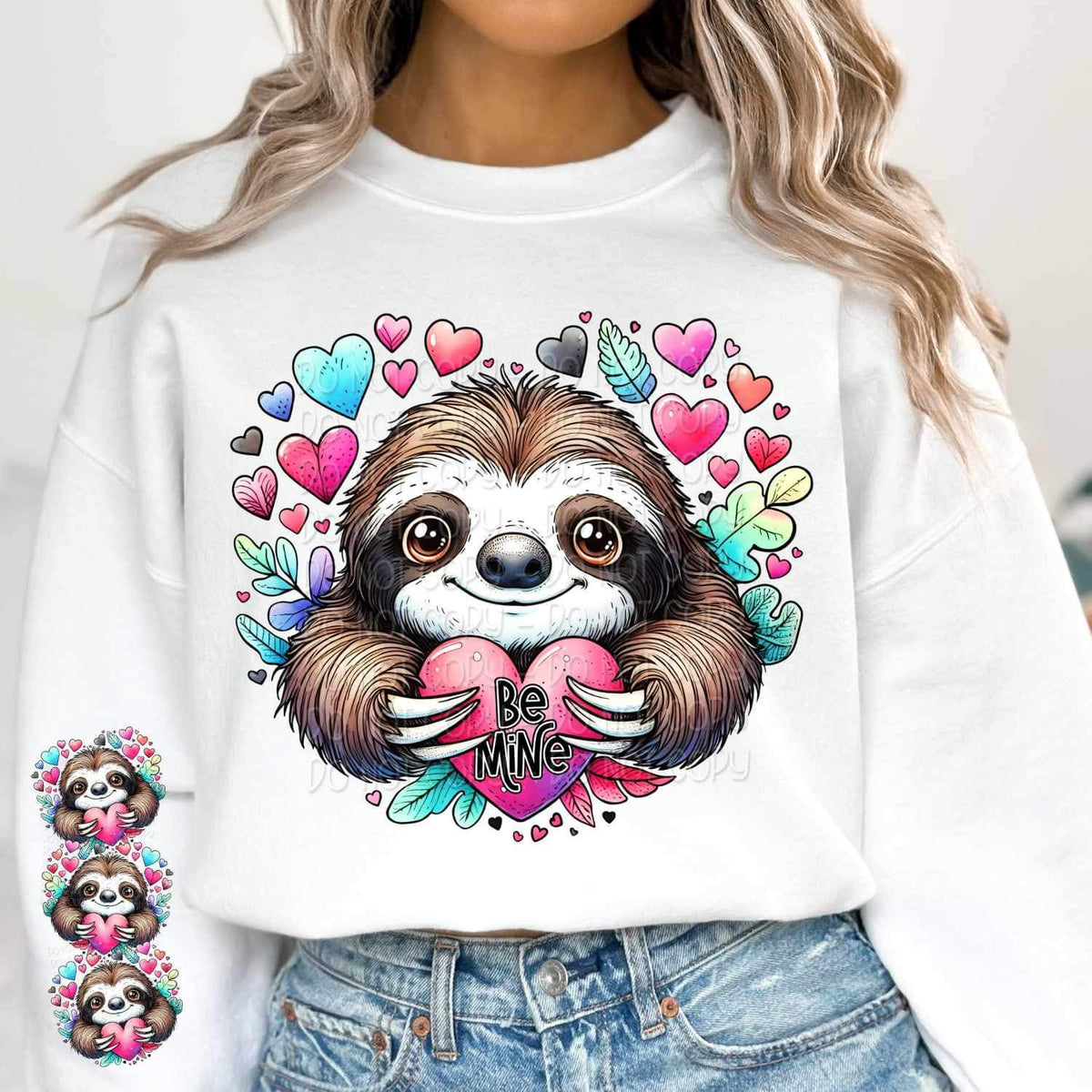 Sloth with colorful hearts SLEEVE 17774 DTF TRANSFERr