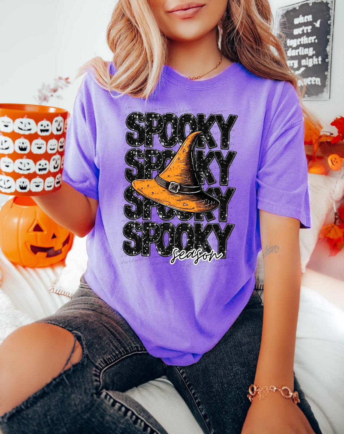 Spooky season stacked sequin with orange witch hat (CITY) 37496 DTF transfer