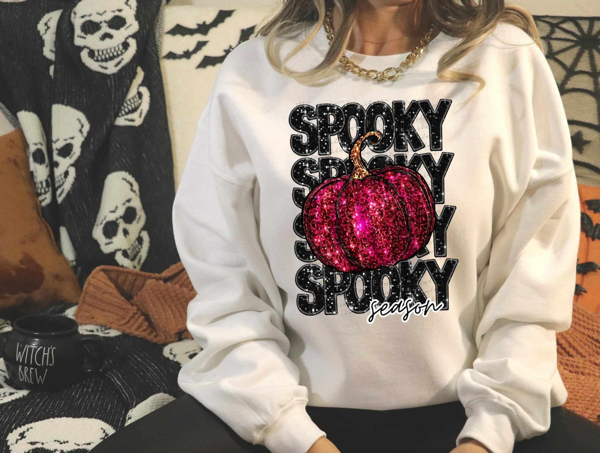 Spooky season stacked sequin with pink pumpkin (CITY) 37492 DTF transfer