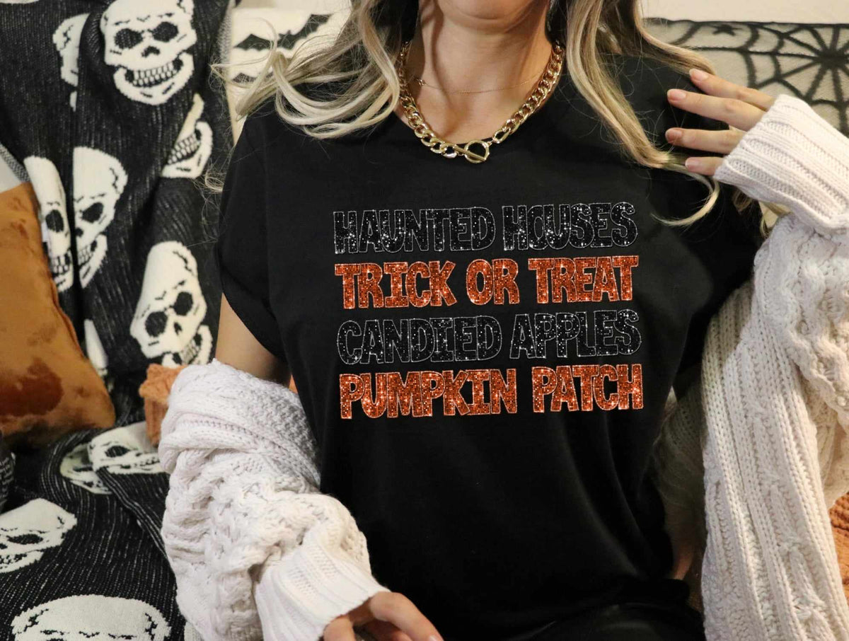 Haunted houses trick or treat candied apples pumpkin patch (CITY) 37558 DTF transfer