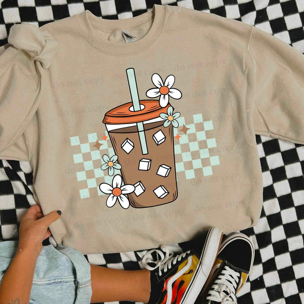 Lattes with daisies blue checkered (CSC) 27340 DTF transfer