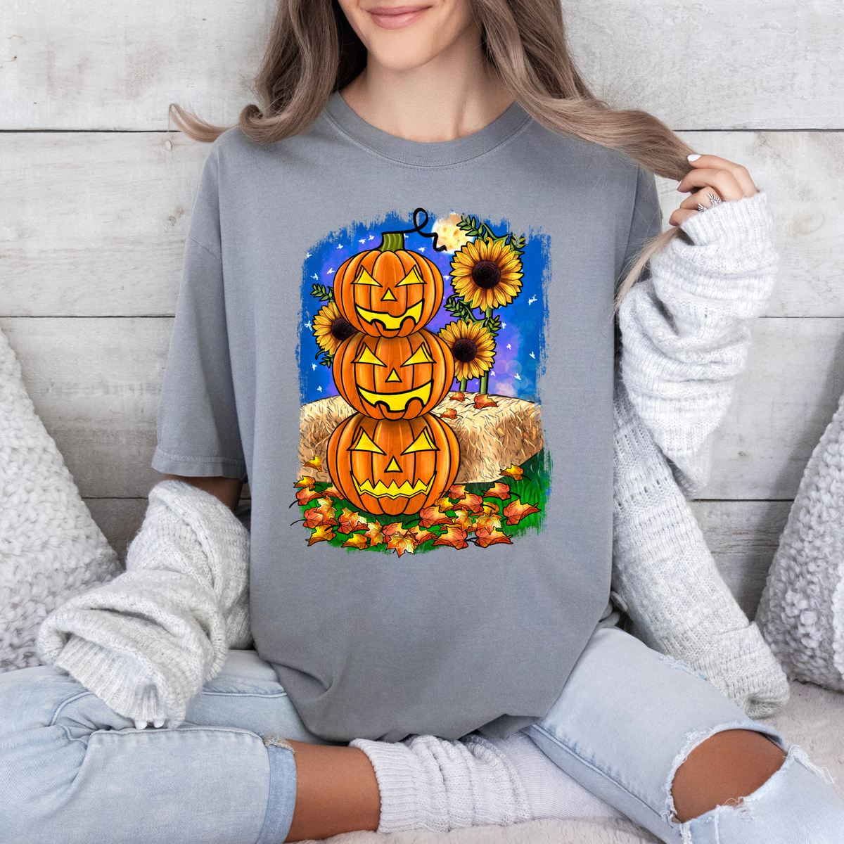 Jack o lantern with sunflowers-38104-DTF transfer