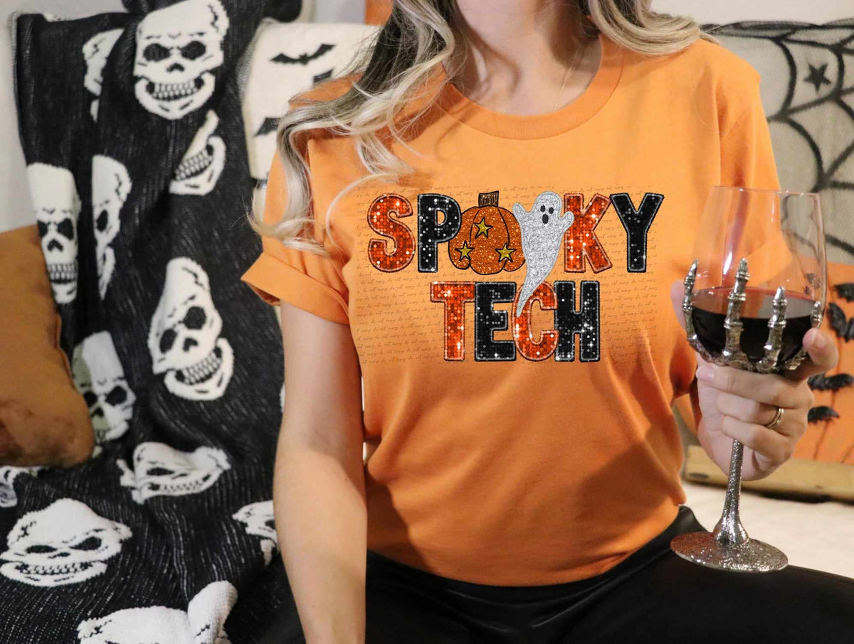 Spooky tech orange and black with pumpkin and ghost (CITY) 37479 DTF transfer
