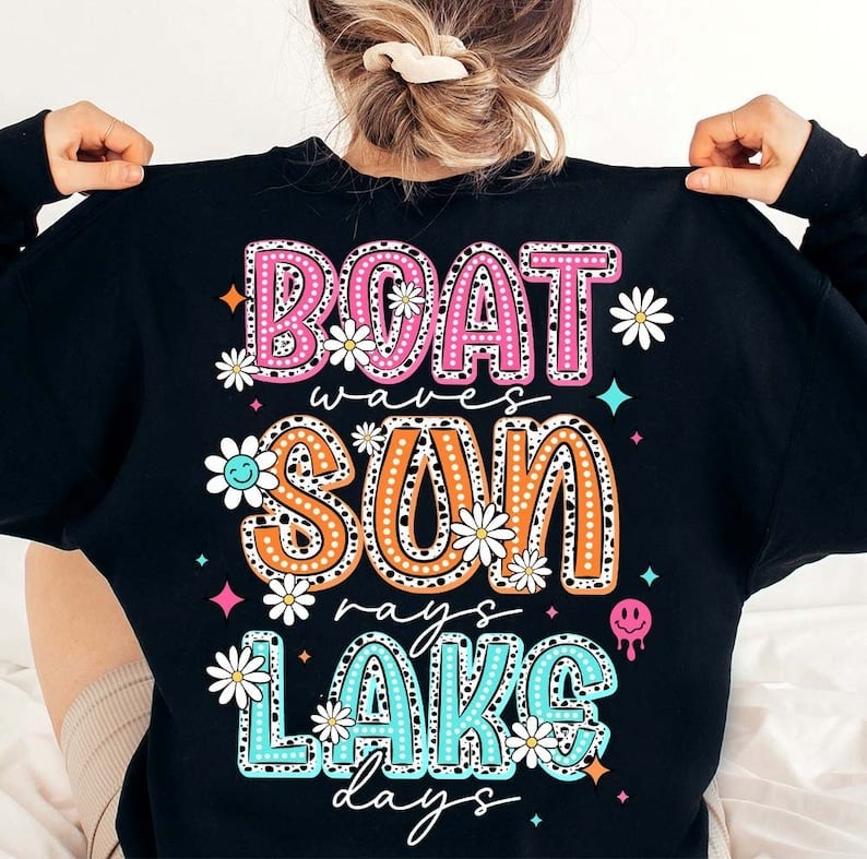 Boat waves sun rays lake days colorful and white font 37569 DTF transfer